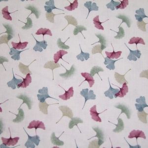 Kék-rózsaszín (mályva)-drapp ginkgo minta fehér alapon (puplin)