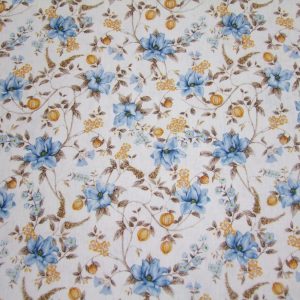 Kék-mustár virág minta fehér alapon (puplin)