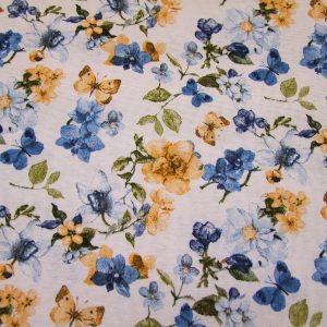 Kék-sárga virágok és pillangók